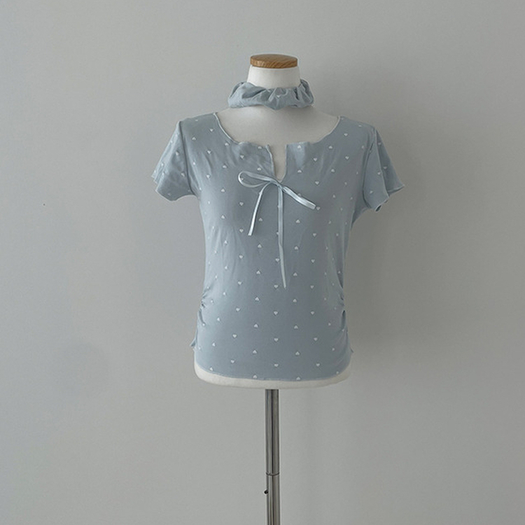 【シュシュ付き】リボンハートドットフリル半袖Tシャツ(6color)