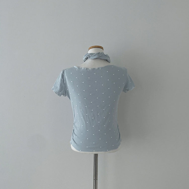 【シュシュ付き】リボンハートドットフリル半袖Tシャツ(6color)