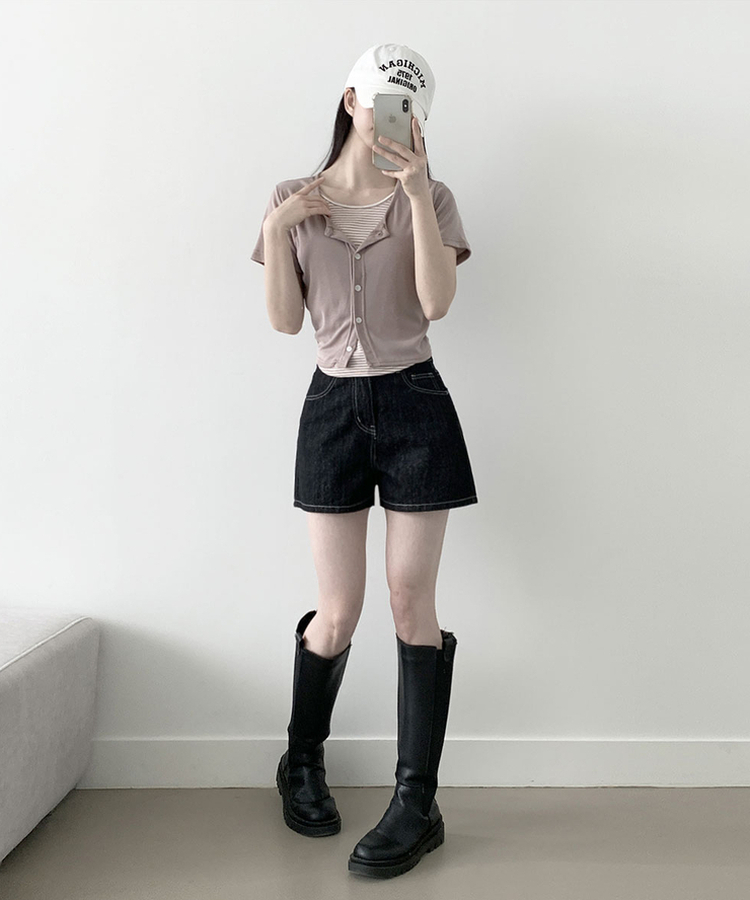 [논페이드/생지데님] 리노 하이웨스트 A핏 논페이드 원단 생지 데님 숏 팬츠 블랙