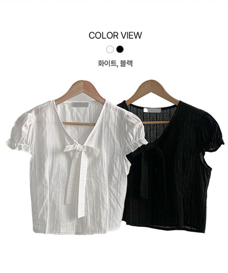 뮤스 코튼 타이 일체형 버튼 허리 핀턱 퍼프 반팔 블라우스