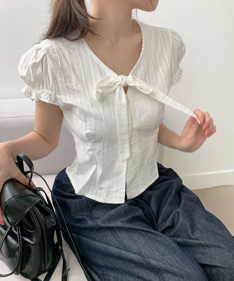 뮤스 코튼 타이 일체형 버튼 허리 핀턱 퍼프 반팔 블라우스