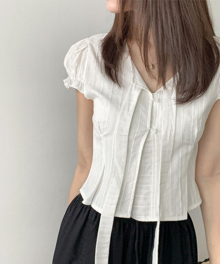 뮤스 코튼 타이 일체형 버튼 허리 핀턱 퍼프 반팔 블라우스