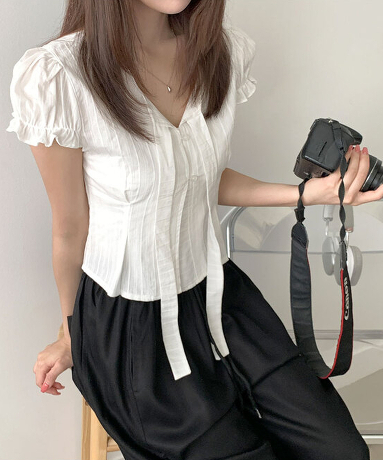 뮤스 코튼 타이 일체형 버튼 허리 핀턱 퍼프 반팔 블라우스