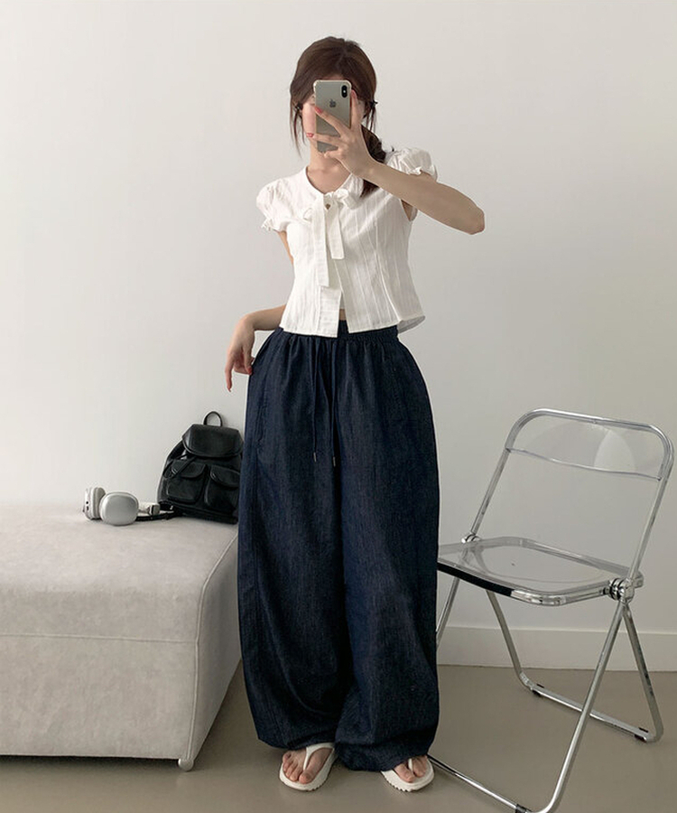 뮤스 코튼 타이 일체형 버튼 허리 핀턱 퍼프 반팔 블라우스