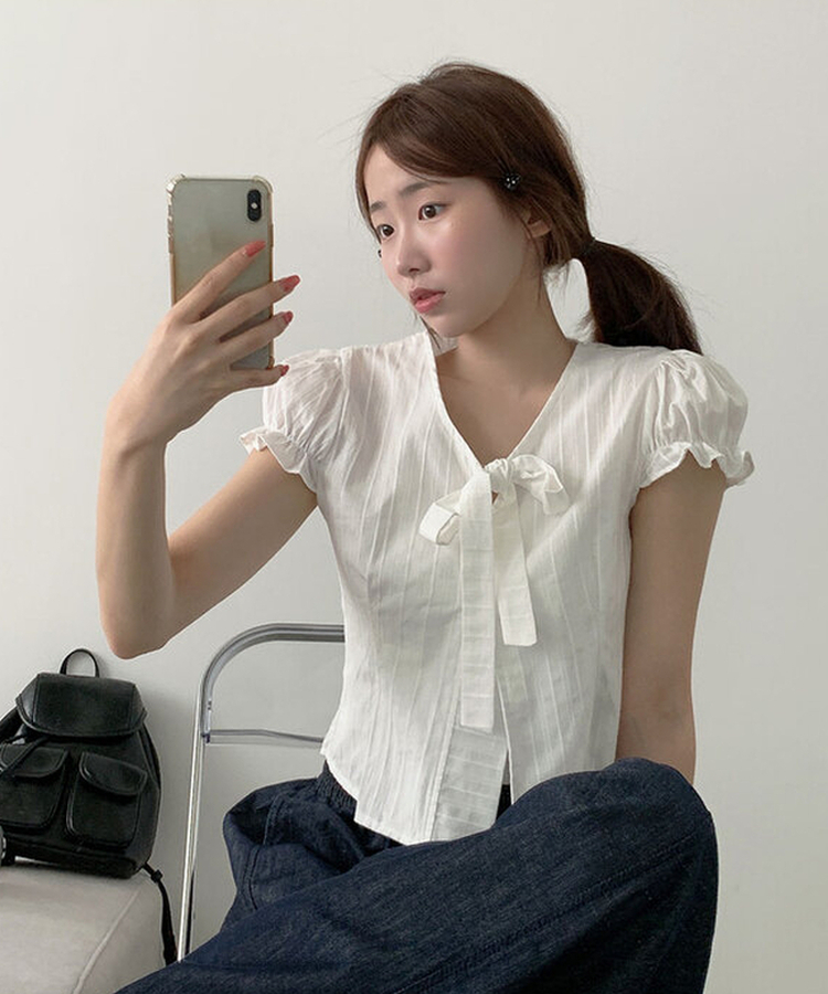 뮤스 코튼 타이 일체형 버튼 허리 핀턱 퍼프 반팔 블라우스