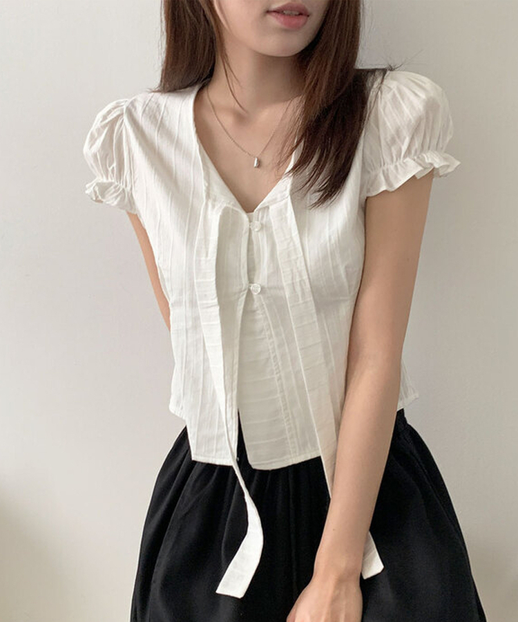 뮤스 코튼 타이 일체형 버튼 허리 핀턱 퍼프 반팔 블라우스