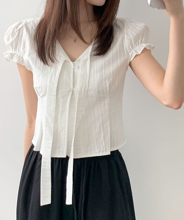 뮤스 코튼 타이 일체형 버튼 허리 핀턱 퍼프 반팔 블라우스