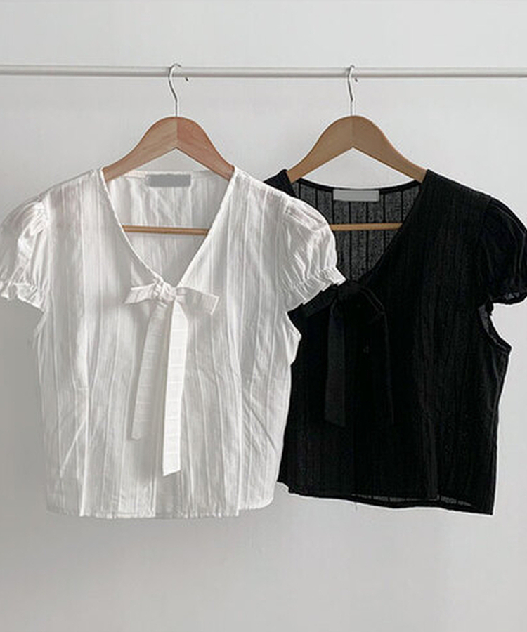 뮤스 코튼 타이 일체형 버튼 허리 핀턱 퍼프 반팔 블라우스