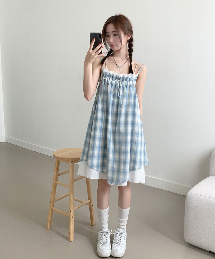 [레이어드POINT] 미도리 체크 패턴 끈조절 나시 프릴 레이스 레이어드 원피스 소라(큰체크)