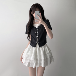 ツーピース 【SET着用可能】リボンホルターキャミソール レースティアードスカート(6color) IVORY-TOP