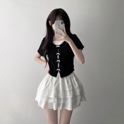 ツーピース 【SET着用可能】リボンホルターキャミソール レースティアードスカート(6color) IVORY-TOP
