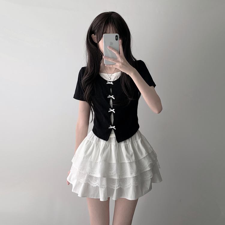 【SET着用可能】リボンホルターキャミソール レースティアードスカート(6color) IVORY-TOP
