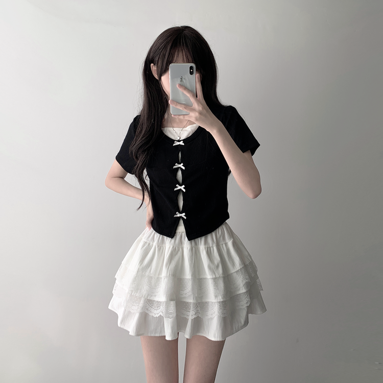 【SET着用可能】リボンホルターキャミソール レースティアードスカート(6color) IVORY-TOP