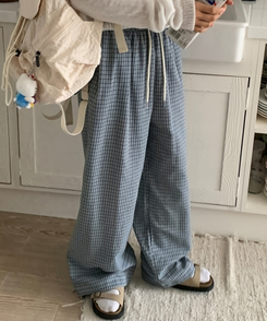 チェックストレートワイドパンツ BLUE