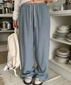 チェックストレートワイドパンツ BLUE