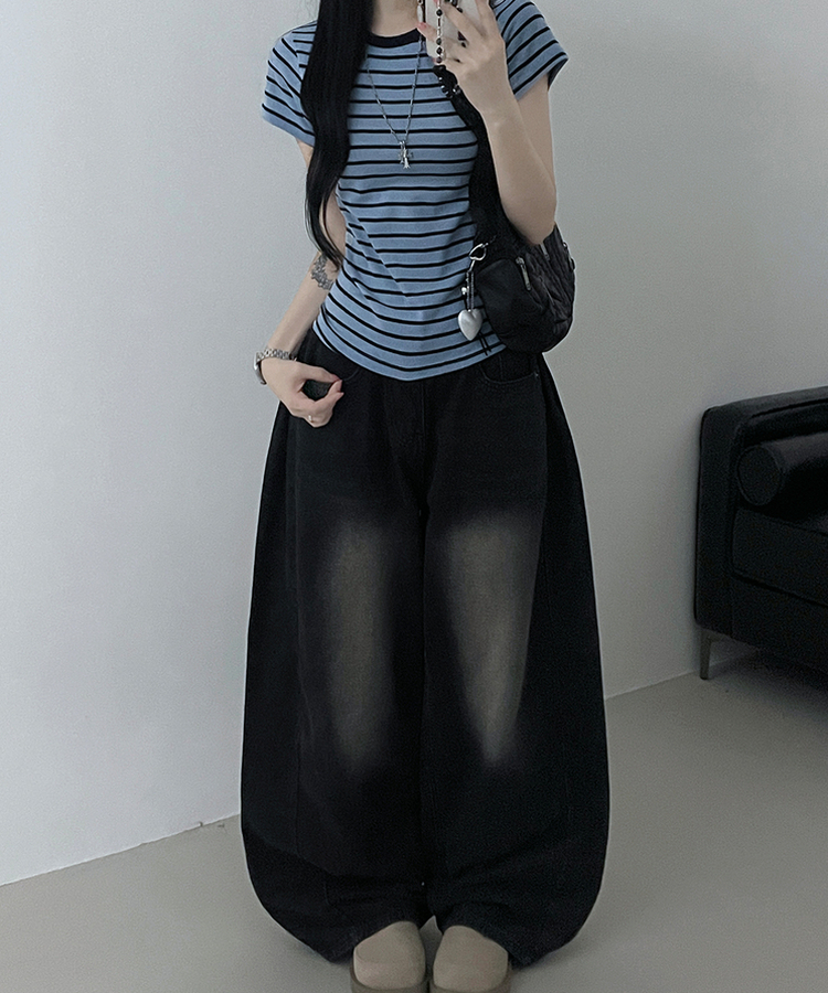 마일드단가라배색슬림핏반팔티셔츠 소라