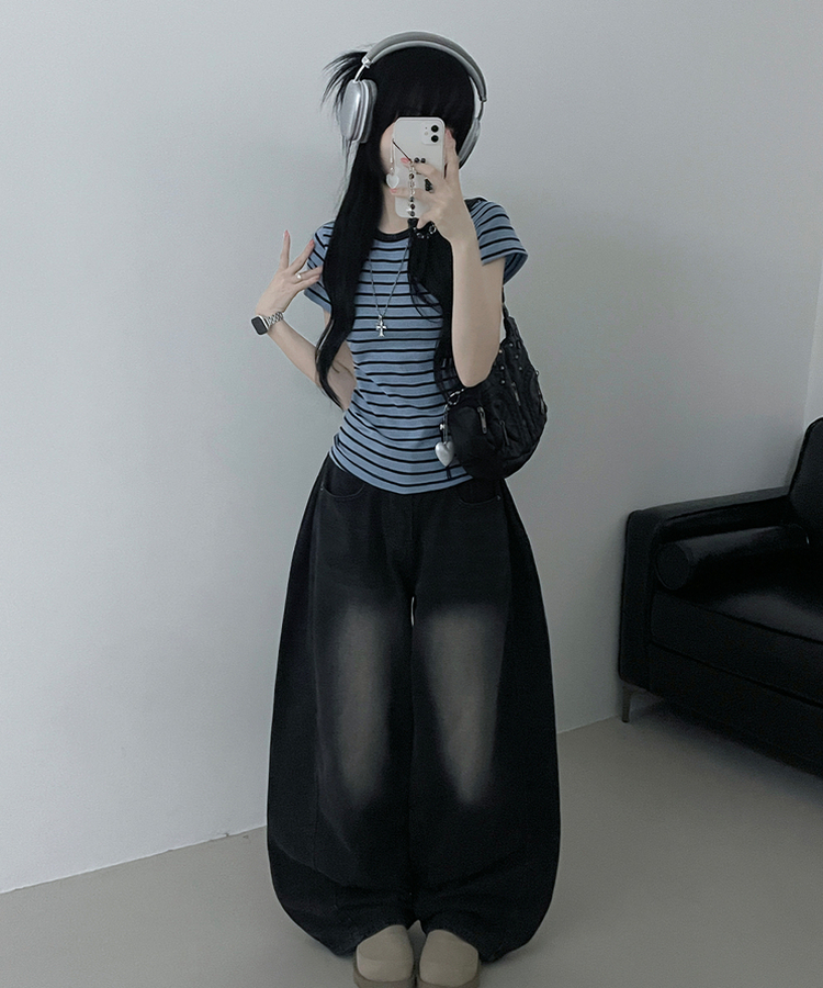 마일드단가라배색슬림핏반팔티셔츠 소라