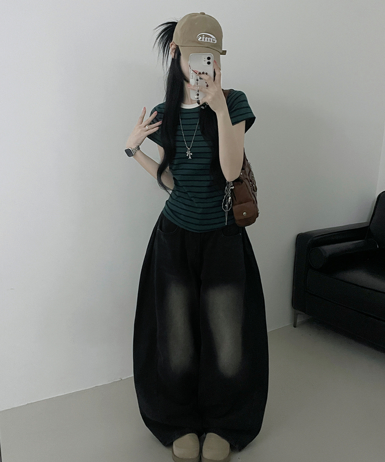 마일드단가라배색슬림핏반팔티셔츠 수박