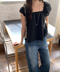 ブラウス シャーベットパフ半袖ブラウス BLACK