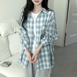 [색감보장핏이쁨]스카이 오버루즈핏 체크 셔츠 남방 소라