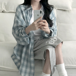 [색감보장핏이쁨]스카이 오버루즈핏 체크 셔츠 남방 소라