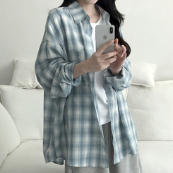[색감보장핏이쁨]스카이 오버루즈핏 체크 셔츠 남방 소라
