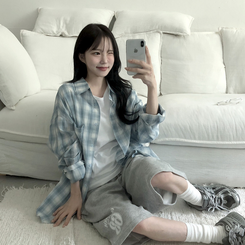 [색감보장핏이쁨]스카이 오버루즈핏 체크 셔츠 남방 소라