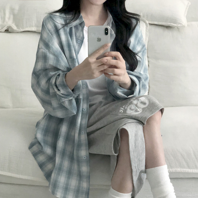 [색감보장핏이쁨]스카이 오버루즈핏 체크 셔츠 남방 소라