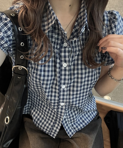 シャツ ギンガムチェック半袖シャツ NAVY