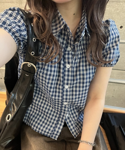 シャツ ギンガムチェック半袖シャツ NAVY