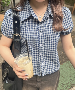 シャツ ギンガムチェック半袖シャツ NAVY