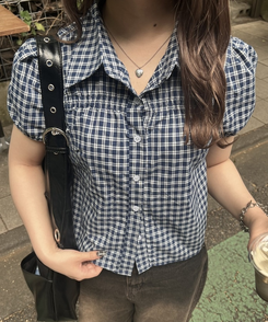 シャツ ギンガムチェック半袖シャツ NAVY