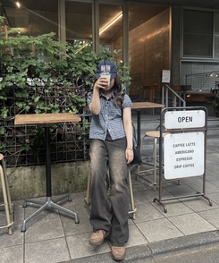 シャツ ギンガムチェック半袖シャツ NAVY