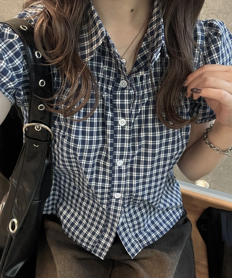 ギンガムチェック半袖シャツ NAVY