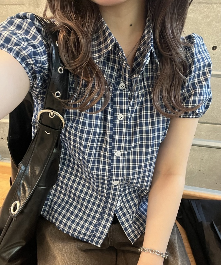 ギンガムチェック半袖シャツ NAVY