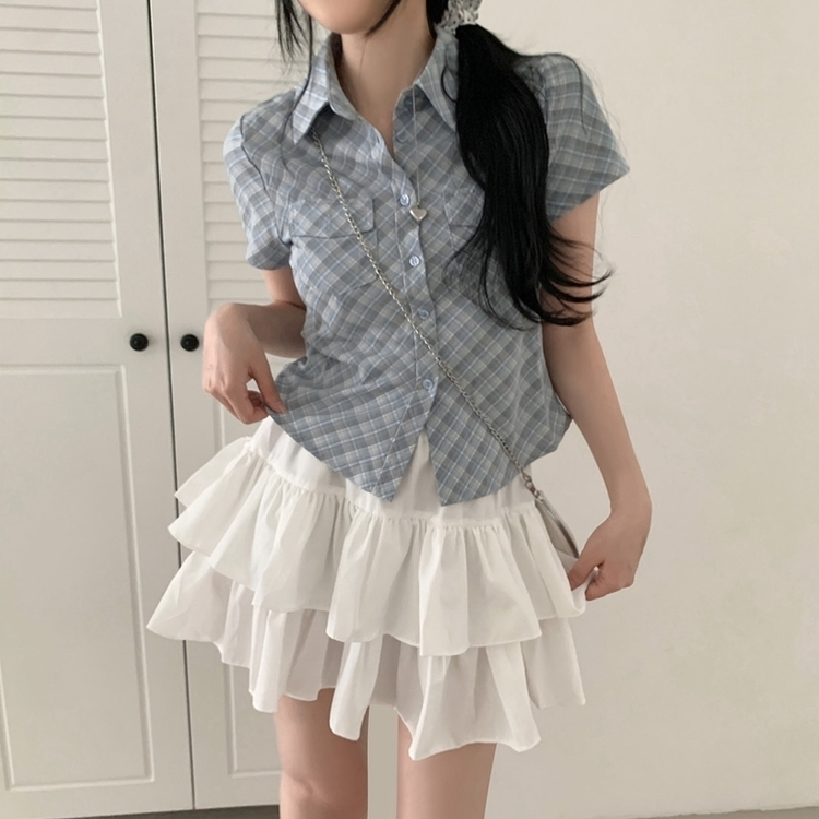 チェックスリム半袖シャツ AQUA