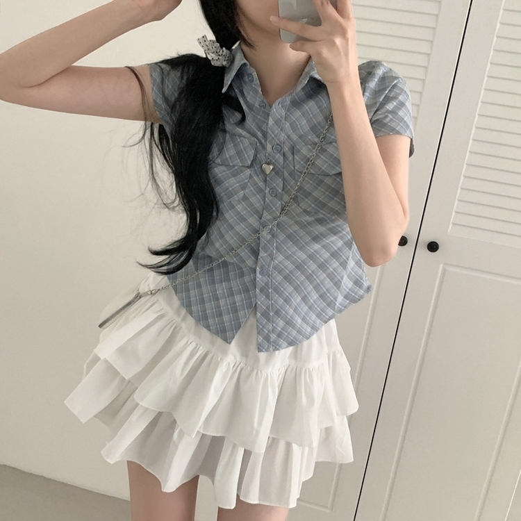 チェックスリム半袖シャツ AQUA