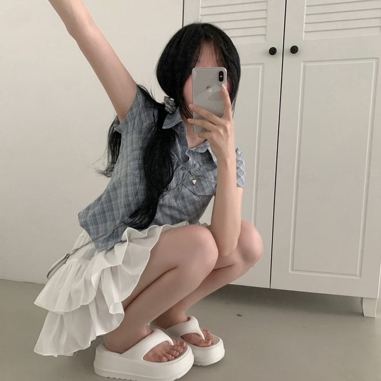 チェックスリム半袖シャツ AQUA