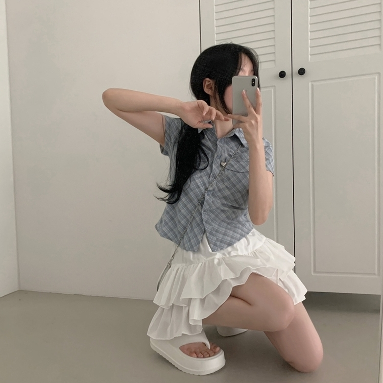 チェックスリム半袖シャツ AQUA