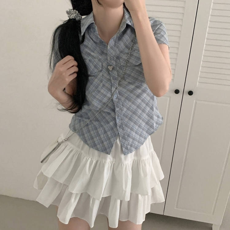 チェックスリム半袖シャツ AQUA