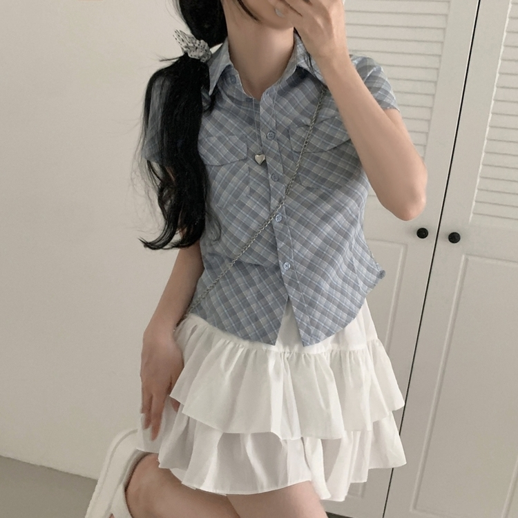 チェックスリム半袖シャツ AQUA