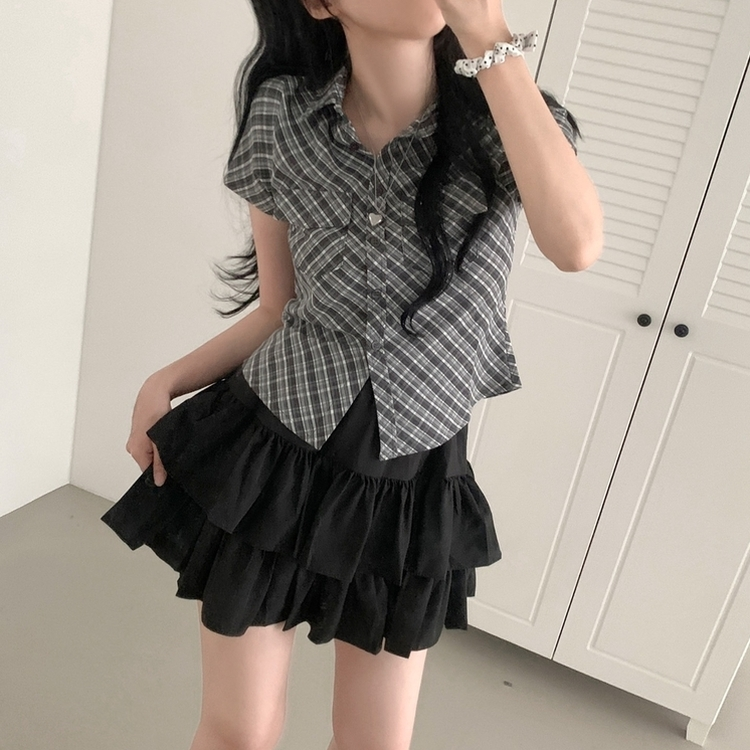 チェックスリム半袖シャツ BLACK