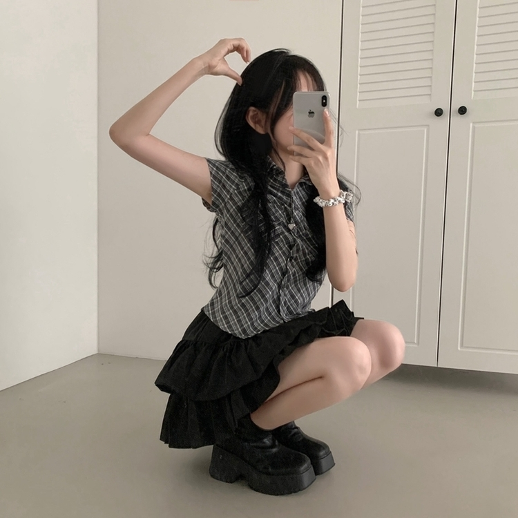 チェックスリム半袖シャツ BLACK