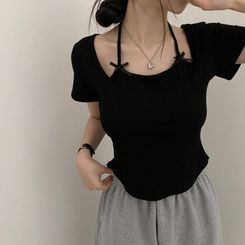 半袖Tシャツ ホルターキャミソール半袖Tシャツ(5color) BLACK
