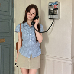シャツ シャーリングストライプ半袖シャツ(5color) BLUE-STRIPE