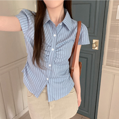 シャツ シャーリングストライプ半袖シャツ(5color) BLUE-STRIPE