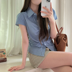 シャツ シャーリングストライプ半袖シャツ(5color) BLUE-STRIPE