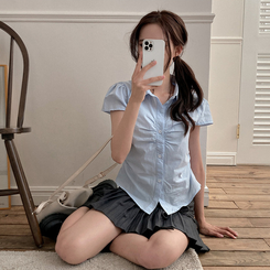 シャツ シャーリングストライプ半袖シャツ(5color) SKY BLUE