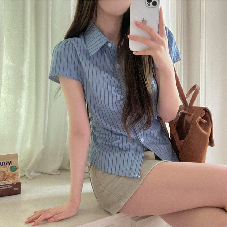 シャーリングストライプ半袖シャツ(5color) BLUE-STRIPE