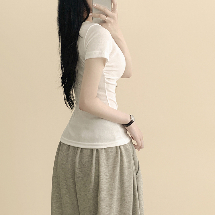 [개미허리핏!옆셔링] 레전드 잘록허리 사이드셔링 슬림핏 여름 캡소매 반팔티셔츠 아이보리